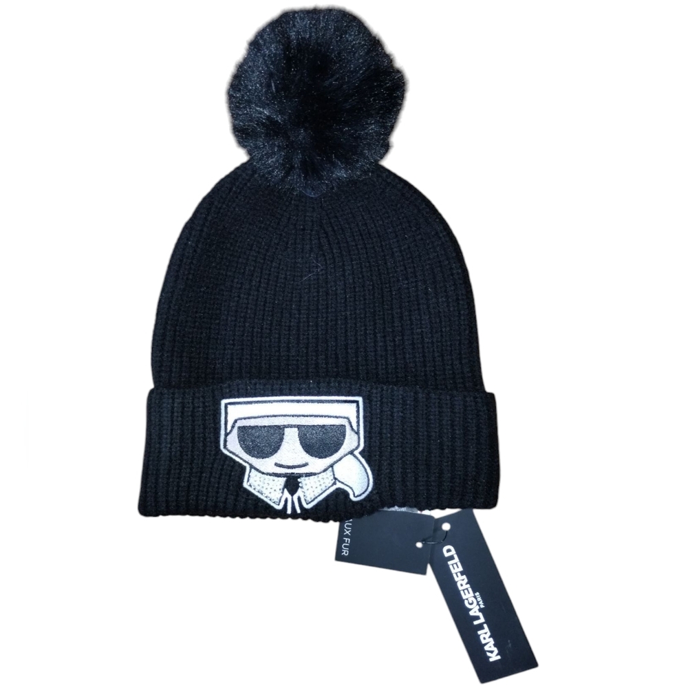 Karl Lagerfeld Knit Hat Beanie Faux Fur Top Karl Cartoon Logo Black OS Nwt